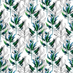 Seamless pattern with stylized watercolor leaves. Floral endless pattern filled with green and blue leaves. Watercolor hand drawn illustration on white background.Ideal for wallpaper, textile print.