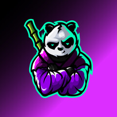 logo esport panda angry expression with bamboo. logo vector caharacter panda for gaming. theme puple color costume character. © Tokaili