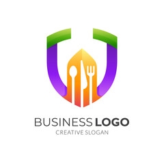 shield restaurant logo, shield, spoon, fork and knife, combination logo with 3d colorful style