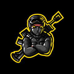 logo esport soldier angry expression with sniper. logo vector caharacter soldier for gaming. theme Black color costume character. © Tokaili