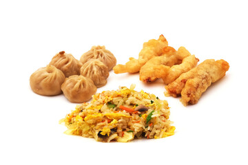 Chinese takeaway food. Vapor coocked dumplings with meat, cantonese rise with mixed vegetables, mushrooms, omelette and fried chicken and vegetables rolls. Chinese cuisine at it's finest. Isolated.