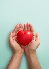 Adult hand holding red heart on light green background