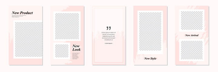 Set of rectangle editable minimal layout social media stories template pastel pink color. Brush and  watercolor design. Use this layout for, banner, poster, shop, discount, sale, promotional product.