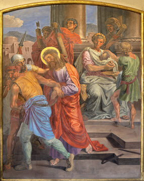 VIENNA, AUSTIRA - OCTOBER 22, 2020: The fresco of Jesus before Pilate as part of Cross way station in the church of St. John the Nepomuk by Josef Furlich (1844 - 1846).