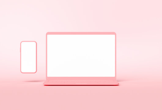 3d render pink computer notebook and smartphone with empty screen on pink background. laptop and mobile phone mockup for banner, advertising. 3D illustration.