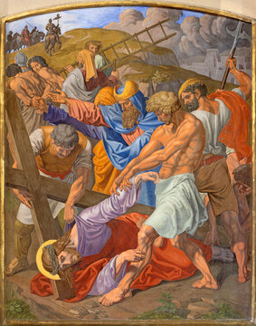 VIENNA, AUSTIRA - OCTOBER 22, 2020: The fresco Fall of Jesus undwer the cross  as part of Cross way station in the church of St. John the Nepomuk by Josef Furlich (1844 - 1846).