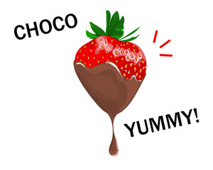 Strawberries and chocolate dipping on white background with text, close up hand drawing vector illustration.