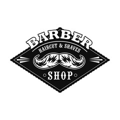 Haircut salon vector illustration. Black label with monochrome moustaches, text sample. Hairstyle concept for barber shop emblem template