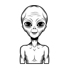 Alien vector illustration. Cute extraterrestrial character, cosmic person, humanoid. Fantasy and fiction concept for cosmos, space exploration, UFO topics