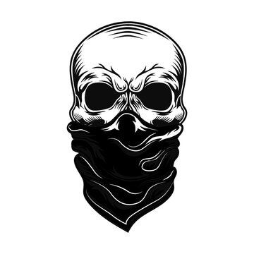 Skull with bandana vector illustration. Head of character with fabric mask covering mouth and nose. Face protection concept for epidemic or snowboarding topics, bikers club template