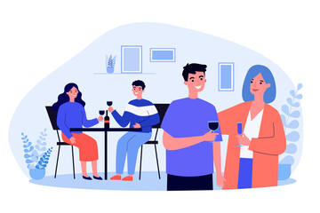Smiling people drinking wine in restaurant. Table, bottle, drink flat vector illustration. Date and communication concept for banner, website design or landing web page