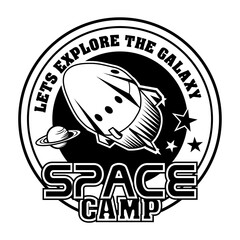 Retro spaceship in cosmos vector illustration. Vintage shuttle exploring galaxy. Science and space exploration concept can be used for retro template, banner or poster