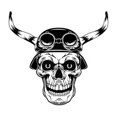 Black skull in helmet with horns vector illustration. Vintage dead head in helmet with glasses. Tattoo design and motorcyclist club concept can be used for retro template, banner or poster