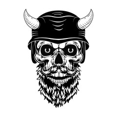 Retro skull in helmet with horns vector illustration. Monochrome dead head with beard. Tattoo design and rebel community concept can be used for retro template, banner or poster