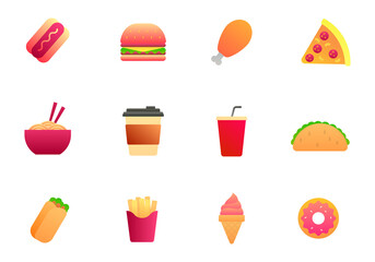 Set of fast food vector illustration with simple design isolated on white background. Gradient style of fast food icon set