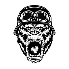 Angry gorilla vector illustration. Head of roaring animal wearing bikers helmet. Riding bike concept for tattoo templates, bikers club emblems, community badges