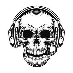 Skull with headset vector illustration. Head of character in headphones. Sound technology concept for online games topic or tattoo template