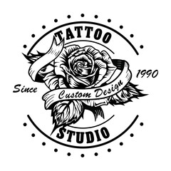 Vintage tattoo studio badge with rose vector illustration. Black and white flower with tape. Tattoo design, art and style concept can be used for retro template, banner or poster