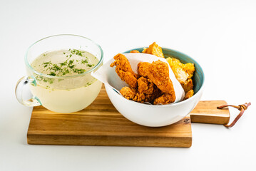 chicken nuggets and wings and chicken broth