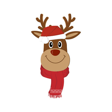Deer in Santa hat and red scarf, color vector illustration isolated on white background, clipart, design, decoration, banner, logo, greeting card