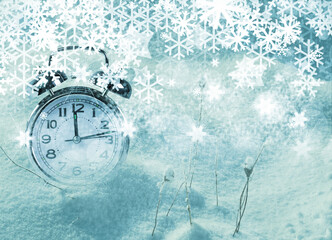 Fototapeta na wymiar snow winter time clock cold frost frosen xmas background