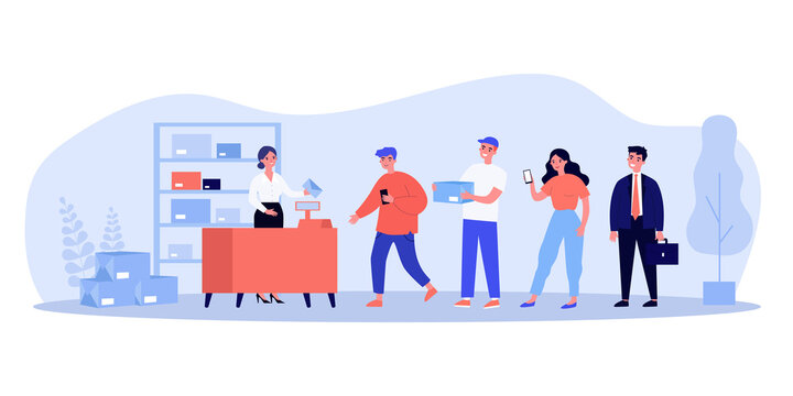 People waiting in queue in post office. Box, parcel, letter flat vector illustration. Delivery and postal service concept for banner, website design or landing web page