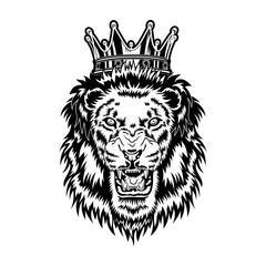 Lion king vector illustration. Head of angry roaring male animal with mane and royal crown. Power concept for tattoo templates, wildlife or leadership topics