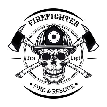 Firefighter with skull vector illustration. Head of character in helmet with crossed axes. Rescue concept for firefighting or fire department emblem template