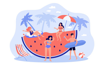Funny people having fun near huge watermelon on beach flat vector illustration. Cartoon friends drinking cocktails, playing and relaxing. Summer activity and party concept