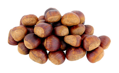 Group of uncooked Spanish chestnuts in shells isolated on a white background