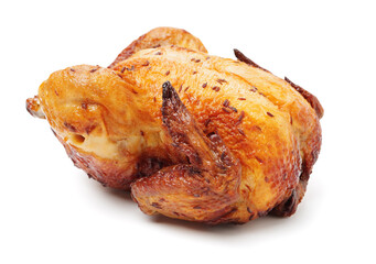 Whole roasted chicken against white background