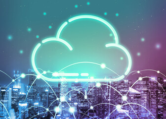 Cloud computing technology and online data storage for global data sharing. Computer connects to...