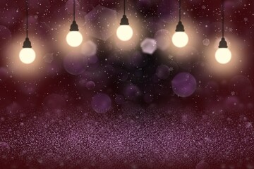 Fototapeta na wymiar nice brilliant glitter lights defocused bokeh abstract background with light bulbs and falling snow flakes fly, festive mockup texture with blank space for your content
