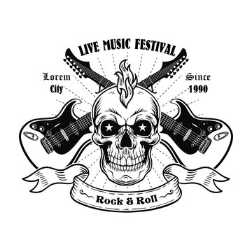 Vintage skull and guitars vector illustration. Monochrome promotional label for live music festival. Rock and roll concept can be used for retro template, banner or poster