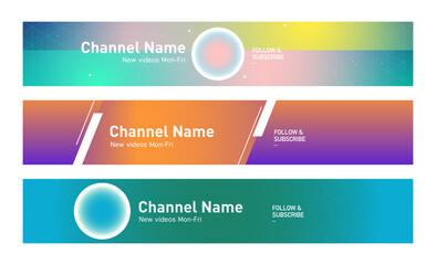 Youtube modern neon streaming service channel banner template set of three in gradient colours, motivational, productivity, tutorial design elements. social media platform resources. graphic motifs.