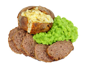 Baked beef and pork meatloaf with a jacket potato and mushy peas meal isolated on a white background