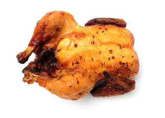 Whole roasted chicken against white background