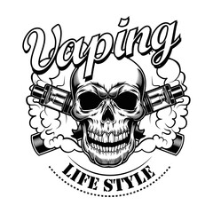 Happy vaping skull vector illustration. Monochrome cartoon character with e-cigarettes and vapor, lifestyle text. Retail concept for vape bar or store label, poster or emblem template