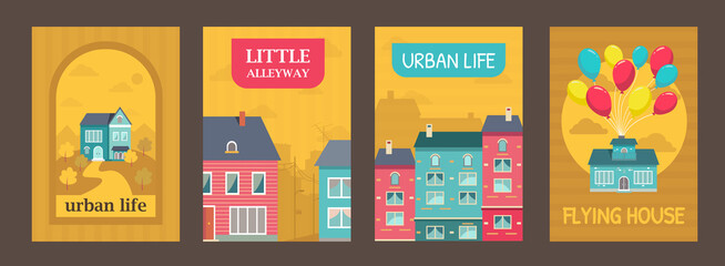 Colorful urban life posters with houses vector illustration. Vivid graphic elements with house facades and text. Buildings and architecture concept. Template for promotional poster or flyer