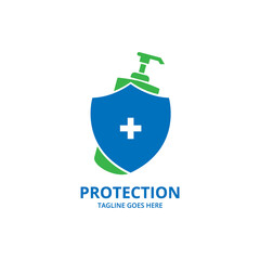 Shield protecting Logo Design Template. Illustration vector graphic of shield and sanitizer  logo design concept. protective antivirus shield to coronavirus, COVID-19, 2019-nCoV infection. 