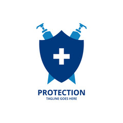 Shield protecting Logo Design Template. Illustration vector graphic of shield and sanitizer  logo design concept. protective antivirus shield to coronavirus, COVID-19, 2019-nCoV infection. 