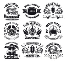 Monochrome American football emblems vector illustration set. Vintage signs or sticker for team with skull in helmet and ball. Sport game and championship concept can be used for stickers and badges