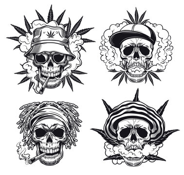 Rastaman skulls vector illustrations set. Collection of monochrome characters heads in panamas and cannabis leaves, smoking joint. Marijuana addiction concept for tattoos, emblems, badges templates