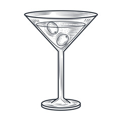 martini glass with olives cocktail and alcohol drink, thin line style icon