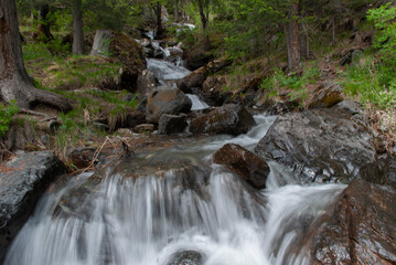 waterfall in the forest, altai nature, the village of 