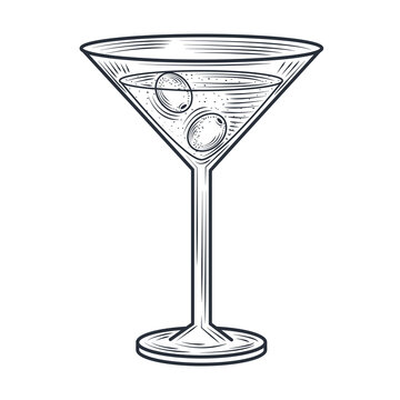 recommend clip art: martini glass with olives cocktail and alcohol drink, thin line style icon