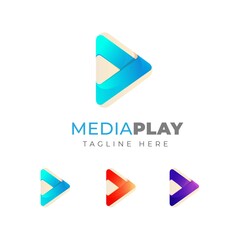 Colorful play media logo design template. triangle play symbol design Premium Vector