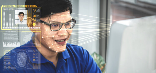 Facial recognition technology scan and detect people face for identification . Future concept interface showing digital biometric security system that analyze human face to verify personal data .