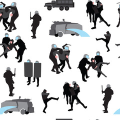 Police disperse the rally seamless pattern. Dispersal of protesters. Law and order illustration pattern
