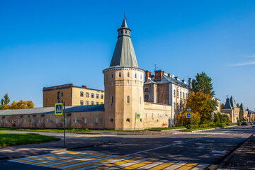 Fortress wall with towers. The complex of the former barracks of the Life Guards of the 3rd Rifle Regiment. South side. Pokrovsky town. Pushkin. St. Petersburg. Russia